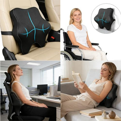 Lumbar Support Pillow for Office Chair & Car - Ergonomic Memory Foam Lower Back Cushion with Breathable Polyester Cover Adjustable Straps for Desk, Gaming, Wheelchair - Relieves Back Pain (Black)