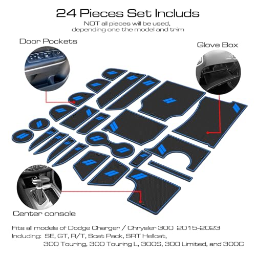 Fits Dodge Charger Accessories 2015-2023, Cup Holder Insert Center Console Shifter Liner Trim Interior Door Pocket Mats Pad (24pcs Set, Blue Trim) - color: Blue
