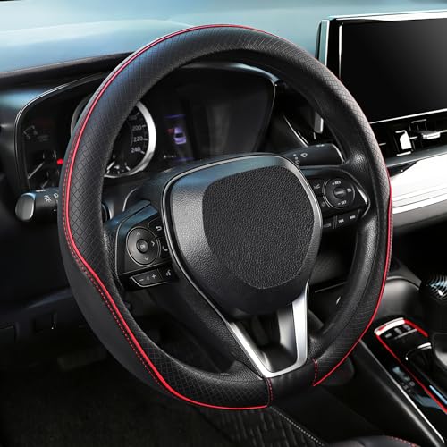 SEG Direct Steering Wheel Cover 14.5-15 inch (37-39 cm) Medium Size, Microfiber Leather, Non-Slip Comfortable Grip, Fits Cars Trucks SUVs, Black and Red - color: Black and Red, size: Standard size[14 1/2''-15'']
