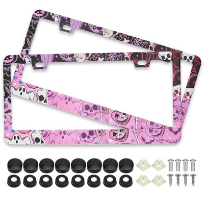 Splicing Skull Ghost Bat License Plate Frames, 2 Pack Halloween Horror Car Plate Frame, Stainless Steel License Plate Holders Covers with Free Screws Fasteners Caps (Skeleton Ghost Bat) - color: Skeleton Ghost Bat