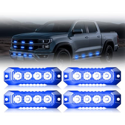 4PCS 4-LED Emergency Strobe Lights Ultra Slim Grille Surface Mount Flashing Warning Lights Bar for Construction Vehicles, Police, Trucks, Firefighter, Car, ATV, SUV (Blue) Sync Feature - color: Blue