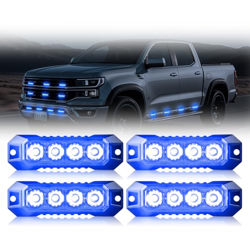 4PCS 4-LED Emergency Strobe Lights Ultra Slim Grille Surface Mount Flashing Warning Lights Bar for Construction Vehicles, Police, Trucks, Firefighter, Car, ATV, SUV (Blue) Sync Feature - color: Blue