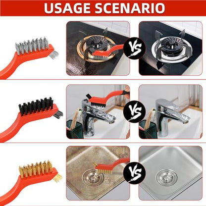 3pcs Wire Brushes for Cleaning Rust, Upgrade Wire Brush Set - Brass/Stainless Steel/Nylon Bristles, Small Metal Wire Brush with Curved Handle Grip, Wire Brushes for Paint and Stain, 7 Inches (3pcs) - style: 3pcs