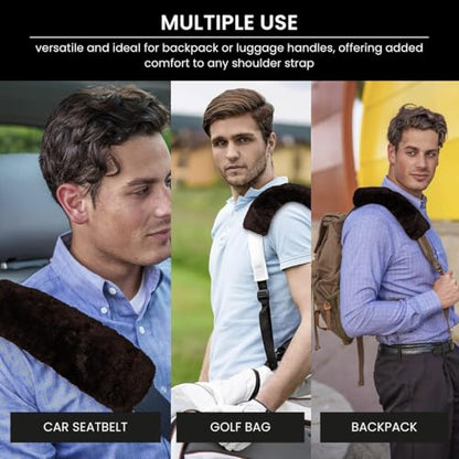 Andalus Genuine Sheepskin Car Seat Belt Cover Pad – Soft Fuzzy, Comfy Fluffy Seatbelt Covers, Shoulder Pad Neck Cushion Protector, Car Accessories for Woman, Man, Girl (Brown, 2-Pack) - color: Brown