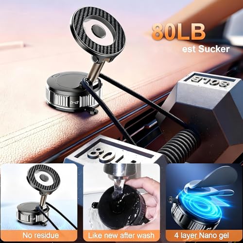 Magnetic Phone Holder for Car, 360° Rotation Magnetic Car Phone Mount, Vacuum Suction Dashboard Windshield Cell Phone Car Mount, Universal Tesla Magnetic Holder for MagSafe iPhone Android