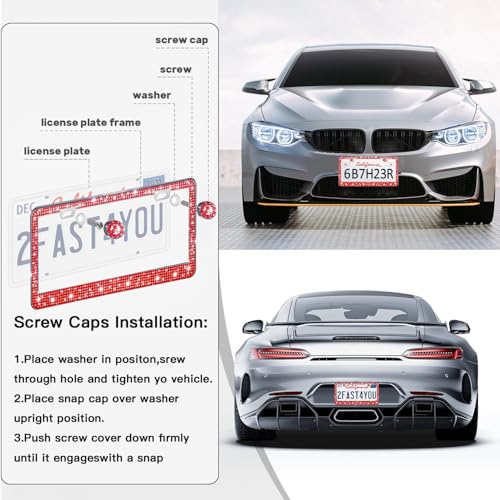 2 Pack License Plate Frames for Women, Sparkly Rhinestone Diamond Car Accessories with Glitter Crystal Caps (Red(2PCS)) - color: Red(2PCS)