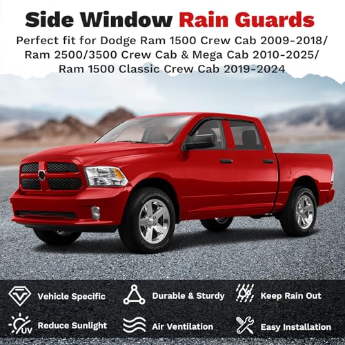 Canvcle Window Visors Rain Guards for Dodge Ram 1500 Crew Cab 2009-2018/Ram 2500&3500 Crew Cab & Mega Cab 2010-2026/Ram 1500 Classic Crew Cab 2019-2024, Tape-On Side Window Deflectors Vent Visors 4PCS - size: Dodge Ram 1500/2500/3500