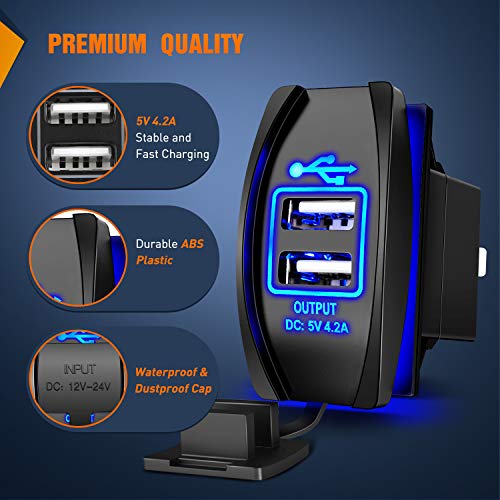 Nilight Dual USB 4.2A Rocker Switch Style 12V/24V Fast Socket Waterproof Quick for Cars Boats Trucks RVs, 2 Years Warranty, Blue - style: Dual USB