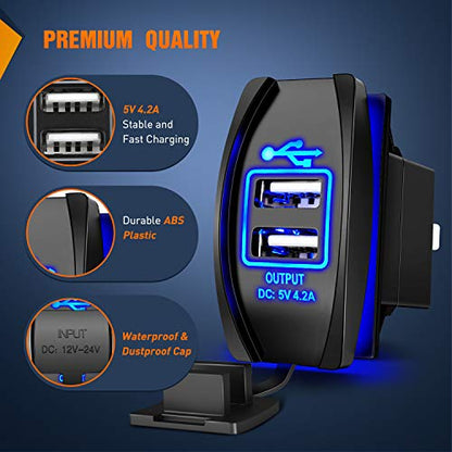 Nilight Dual USB 4.2A Rocker Switch Style 12V/24V Fast Socket Waterproof Quick for Cars Boats Trucks RVs, 2 Years Warranty, Blue - style: Dual USB