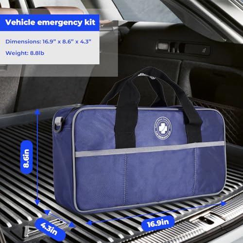 All-in-One Car Emergency Kit with Digital Tire Inflator, Jumper Cable, Tow Strap, Reflective Triangle, First Aid Kit, Hand Crank Flashlight, and Repair Tools for Roadside Safety (Blue) - color: Blue