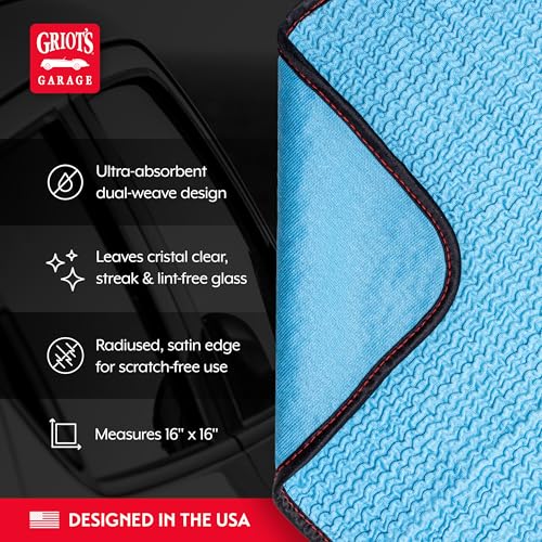 Griot's Garage PFM Crinkle Glass Towels for Car Detailing, Streak-Free Cleaning for Windows, Windshield, Mirrors, and More, 16" x 16", 55583, Set of 3