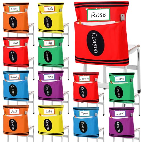 12 Pack Crayon Chair Pockets for Classroom 18.5'' x 19'' Preschool Seat Pockets Kindergarten Crayon Classroom Decor Elementary Back to School Teacher Chair Storage Organizer with Name Slot - style: Crayon