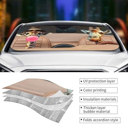 Funny Giraffe Car Sun Shade Windshield Sunshade Foldable Front Window Shield Cover for Truck SUV - color: Blue3