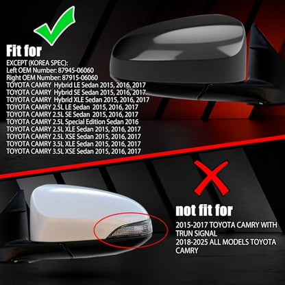 Glossy Black Right Passenger Side Mirror Cover Cap Housing Compatible with 2015 2016 2017 Toyota Camry without Turn Signal Model