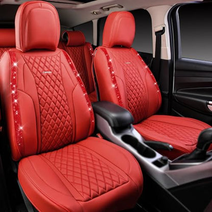 CAR PASS Nappa Leather Bling Diamond Car Seat Covers Full Set Universal Cushioned, Waterproof Heavy-Duty Anti-Slip Luxury Leather, Fit for SUV Sedan, Sparkly Glitter Shining Crystal Red Rhinestones - color: Red Diamond, size: Full Set