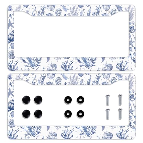 Vintage Shell License Plate Frame Blue Ocean Conch Sea License Plate Frames Personalise License Plate Frames Rust-Proof Stainless Steel Metal Car Plates Tag Funny Decor Men Women 12.2" X 6.2" - color: Vintage Shell_29
