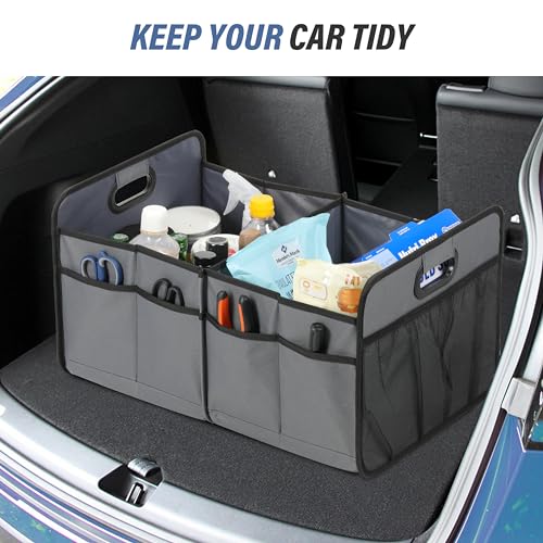 Simple Deluxe Car Trunk Organizer, 2 Compartments Collapsible Trunk Storage, Anti-slip Design, Made of Waterproof 600D Oxford Polyester, Suitable for SUV, Minivan, Truck, Standard Size, Grey