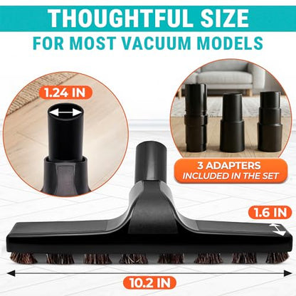 Horsehair Vacuum Brush Attachment 1 1/4 – Vacuum Attachments with 3 Hose Adapters 1.25" to 1.37" - 10.2" Brush Width, 1.25" Diameter Wands, Rotates 360° | Ideal for Wood, Tile, and Smooth Surfaces