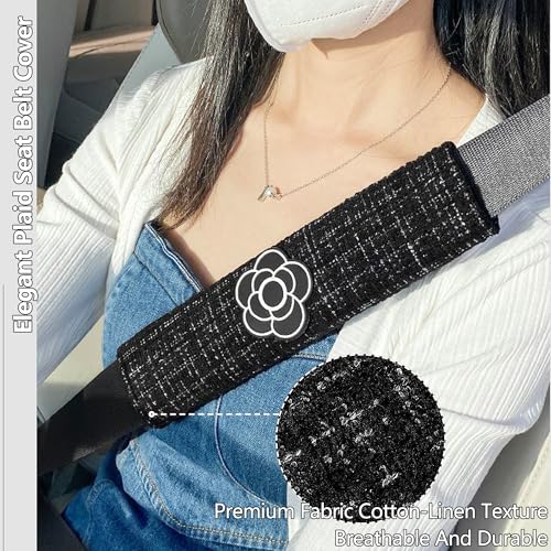 Car Seat Neck Pillow Elegant Bow Car Headrest Pillow Set - Cotton Linen Neck Cushion Universal Fit for Women Comes with 2 Seat Belt Covers (Black Set 4Pcs) - color: Black Set 4pcs