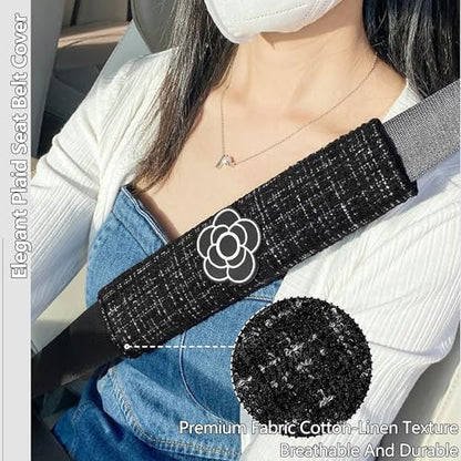 Car Seat Neck Pillow Elegant Bow Car Headrest Pillow Set - Cotton Linen Neck Cushion Universal Fit for Women Comes with 2 Seat Belt Covers (Black Set 4Pcs) - color: Black Set 4pcs
