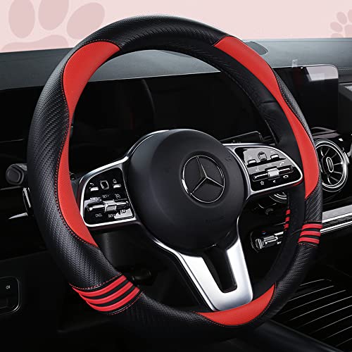 HighnessHwoo Car Steering Wheel Covers for Women Girl Padded Carbon Fiber PU Leather Cute Cartoon Auto Interior Accessories for Jeep, Truck, Universal, Anti Slip, Red, Large Size, 15.2-16in - color: Red+Black, size: Large Size[15.2-16"](38.6-40.5cm)