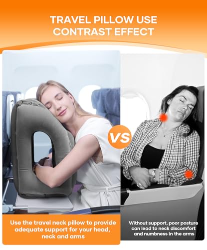 Sunany Travel Pillow, Upgraded Plane Pillow for Long Flights, Inflatable Neck Pillow Used for Airplanes,Cars,Buses,Trains,Office Napping with Eye Mask,Earplugs (Gray) - color: Grey (Head Heart-shape&sloping Base)