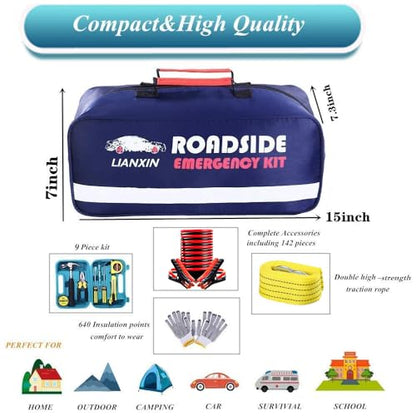 LIANXIN Roadside Assistance Emergency Kit - Car Emergency Kit with Jumper Cables (Upgraded) Emergency Roadside Kit for Car 142 Pieces Car Safety Kits,Tow Strap,Tool Kit,Reflective Warning Triangle - color: Blue
