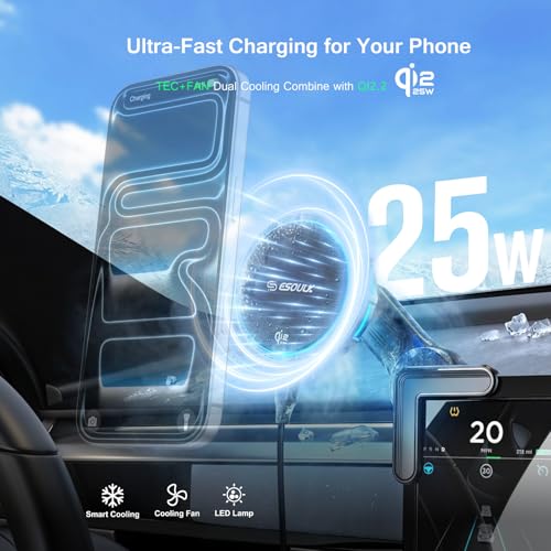 [2026 Upgraded] Qi2 25W Fast Wireless Car Charger for Tesla Model 3/Y, Magnetic Phone Mount with Active Cooling Fan, Dashboard Screen Mount for iPhone & Android