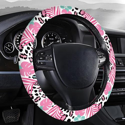 Steering Wheel Covers for Car, Truck, and SUV, Cute Non-Slip Breathable Elastic Steering Wheel, Car Accessories, Universal 15 Inch Leather Cover for Men Women Tropical Leaves Leopard - color: Tropical Leaves Leopard