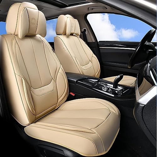 Coverado Universal Seat Covers Full Set, 5 Seats Universal Seat Covers for Cars, Waterproof NAPPA Leather Car Seat Covers with Head Pillow, Auto Protectors Fit for Most Sedans SUV Pick-up Truck, Beige - color: Beige(Pillow), size: FullSet