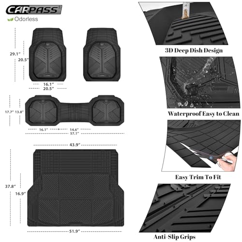 CAR PASS Heavy Duty Rubber Car Mats with Cargo Liner, Deep-Dish Car Floor Mats and Trunk Mat All Weather, Universal Trim-to-Fit for SUVs Trucks Sedans, Waterproof Anti-Slip, Trimmable V12 Black - color: All Black Full Set