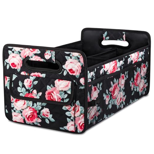 JiatuA Car Trunk Organizers and Storage for SUV, Collapsible Multi Compartment Container Box Adjustable Car Accessories for Women Men, Black Floral - color: Black Floral, size: Standard