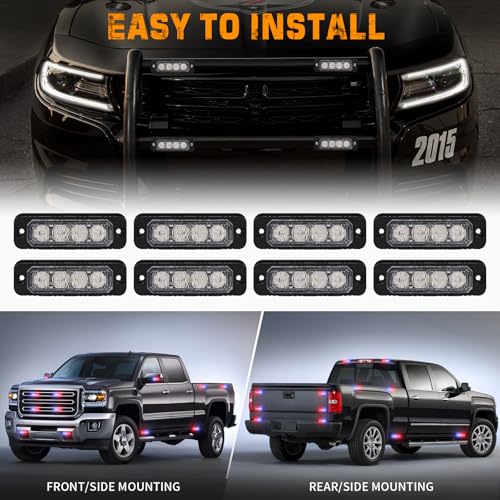 XRIDONSEN 8PCS Sync Grill Police Lights for Truck 32 LED Red Blue Emergency Strobe Lights Flashing Warning Hazard Caution Safety Surface Mount Grille Light for Law Enforcement Vehicles Pickup Car SUV