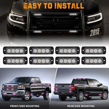 XRIDONSEN 8PCS Sync Grill Police Lights for Truck 32 LED Red Blue Emergency Strobe Lights Flashing Warning Hazard Caution Safety Surface Mount Grille Light for Law Enforcement Vehicles Pickup Car SUV