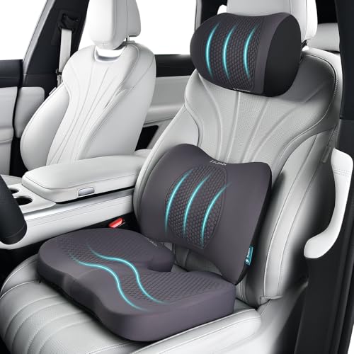 FLORICH 3 PCS Seat Cushion for Carseat Lumbar Support Pillow Car Neck Headrest Pillows Memory Foam Gel Memory Foam Massage Point Seat Pads Pressure Relief Back Cushion for Office Chair(Grey) - color: Grey, size: Cushion+lumbar+headrest