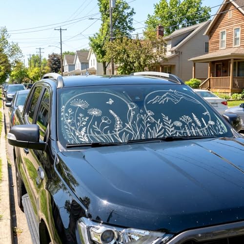 63"x28.5" Car Windshield Sun Shade with Storage Pouch, Stylish Printed Front Window Sunshade with Double Ring Frame, Universal Fit Foldable Heat Blocker & UV Protector for SUV, Sedan (Line Plants) - color: Line Plants