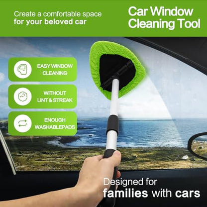 Windshield Cleaner Tool 22.5" L - Car Interior&Exterior Window Cleaning Kit with Extendable Handle&4 Microfiber Pads and Thick Large Wash Sponge, Auto Glass Wiper Brush Kit for Cars Home (7pcs Green) - color: Green