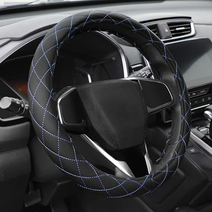 Auto Dynasty Steering Wheel Cover, Breathable Microfiber Leather Car Steering Wheel Protector with with Stylish Blue Diamond Stitch, Anti-Slip, [14 1/2 to 15 Inches] Universal Fit Cars Trucks SUVs - color: Stitched Blue