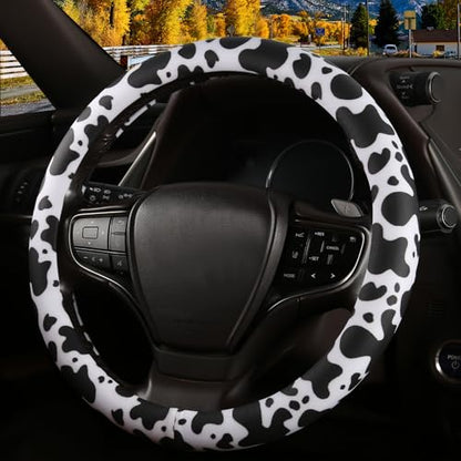 Cow Print Steering Wheel Cover with Silicone Inner Ring, Non-Toxic, Odorless Silicone Leather with Non-Fading Cow Pattern for Men Women, Universal 14.5 to 15 Inch (Cow Print) - style: Cow Print