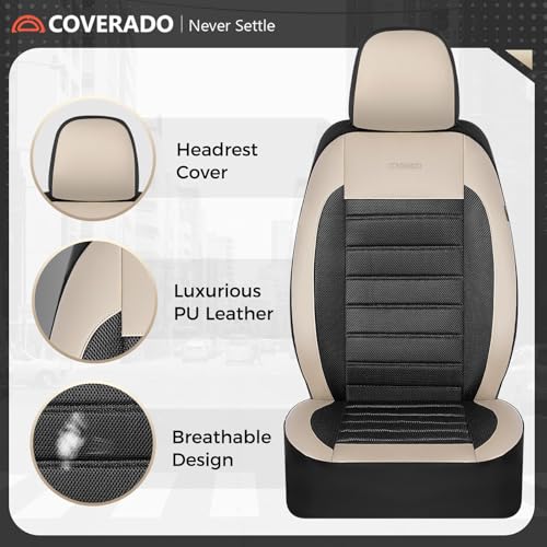 Coverado Car Seat Covers Full Set, Luxury Leather Car Seat Covers, Automotive Front and Rear Mesh Seat Covers, Full Set 5 Seats, Black Beige Seat Covers for SUV Sedan Truck - color: Beige&Black, size: Fullset
