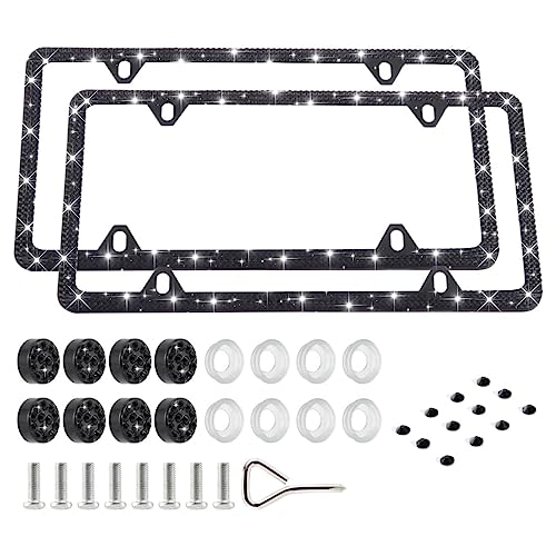 FIISFIIS Bling License Plate Frame for Women,2 Pack Premium Rhinestone Car License Plate Holder,Handmade Glitter Crystal Diamond Lincense Plate Cover for Girl,Bedazzled Sparkly Caps-4Hole Black - color: 4Hole-Black