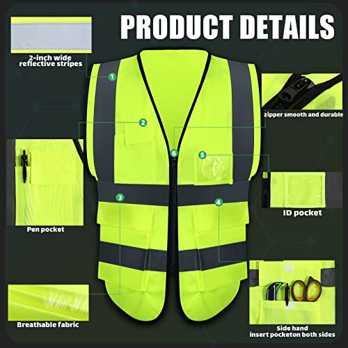 10 Pcs Reflective Safety Vest with Pockets and Zipper High Visibility Vest for Women Men Work, Construction, Cycling - size: Large