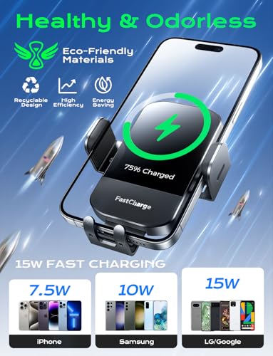 CHGeek Wireless Car Charger, 15W Fast Charging Auto Clamping Phone Holders Phone Mount fit for iPhone 17 16 15 14 13 12 Pro Max 11 XR XS, Samsung Galaxy S25 Ultra S24 S23, Black - color: Black