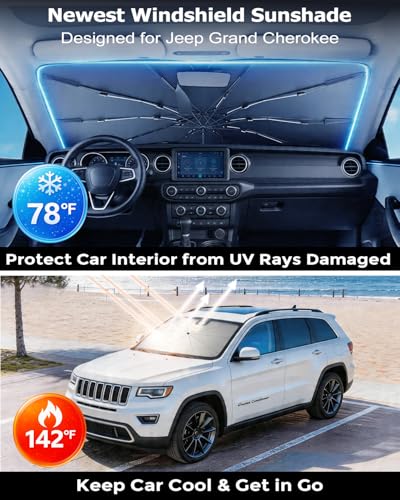 DMJN Umbrella Windshield Sun Shade for Jeep Grand Cherokee (2011-2026), Car Sunshade for Front Windshield [Nano Ice-Crystal Coatings] UPF50+ Heat & UV Block, Protect Interior & Keep Cooler - size: For | Jeep Grand Cherokee (2011-2026)