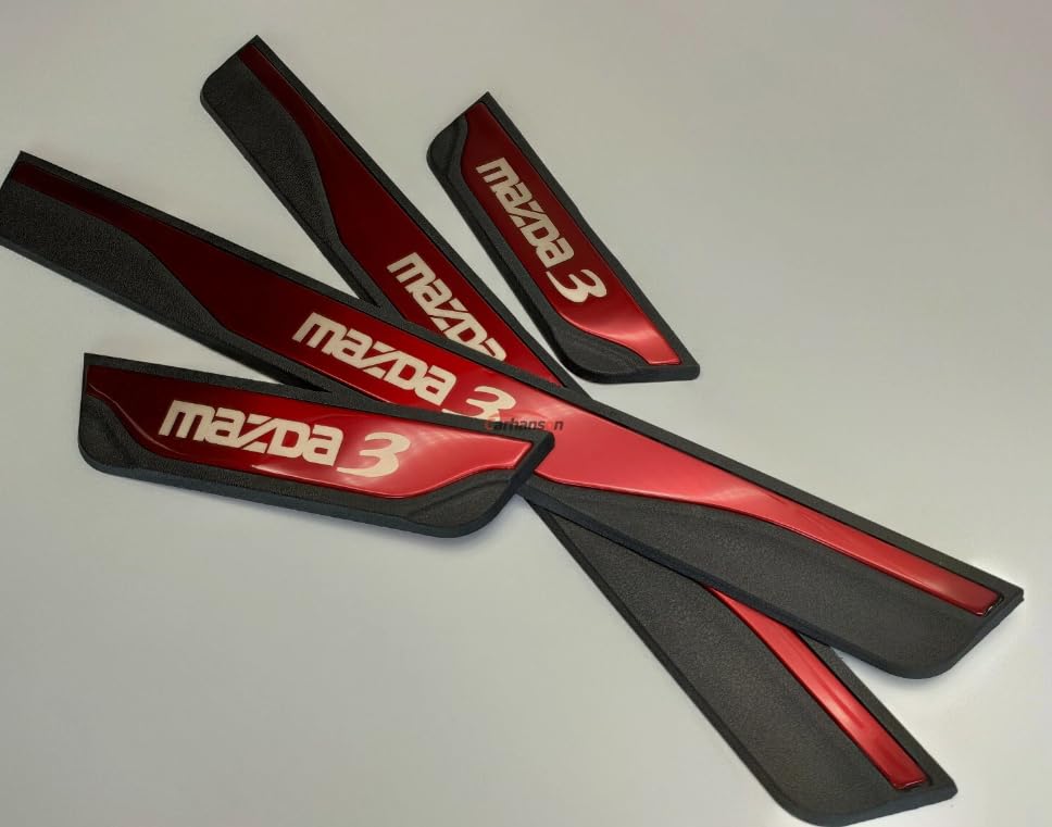 TundraFlow Door Sill Strip for Mazda 3 2018-2025 2026 Accessories Universal Rubber Anti-Scratch Threshold Guards Stainless Scuff Plates Protector Sticker Cover 4pcs RED