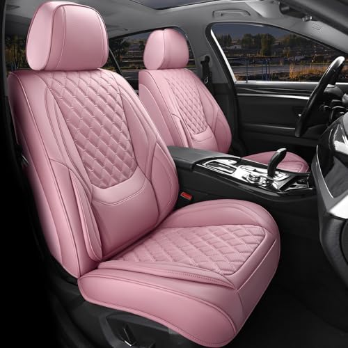 Car Seat Covers Front Seats Pink, Luxury Faux Leather Car Seat Covers Waterproof Non-Slip Seat Protector Universal Fit for Most Cars SUVs Trucks Pick-ups, Cute Pink Car Accessories for Women - color: Pink-Front Seats