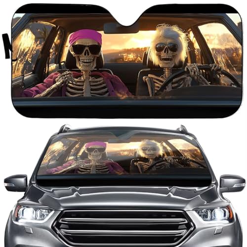 Skull Driver Car Sun Shade for Front Window Windshield Blocks UV Rays，Halloween Windshield Sunshade, Skeleton Couple Universal Fit Auto Sun Visor Protector Keep Your Vehicle Interior Cool - color: car windshield shades 5