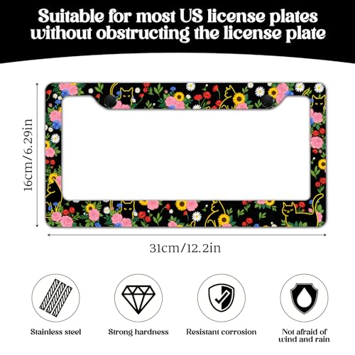 2 Pack License Plate Frames, Flower License Plate Cover, Universal US Stainless Steel License Plate Holder with Screws for Women Men - color: Flower & Cat