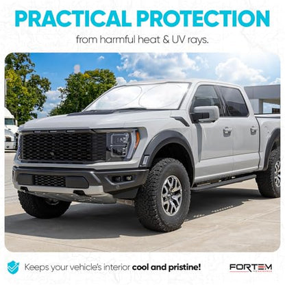 FORTEM Car Sun Shade for Windshield, Reflective Windshield Sunshade, 240T Polyester, Automotive Interior Sun Protection, Ultimate Heat and UV Shield, Foldable, Storage Bag - size: Extra Large (70" x 35")