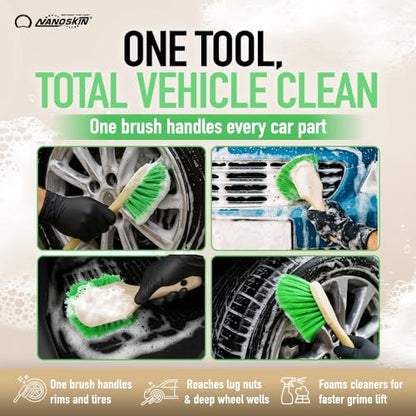 Nanoskin Pro-Grade 8.5" Car Detailing Brush - Durable Green Polystyrene Flagged Bristles, Acid Resistant, Gentle Surface Cleaning, Auto Wash, Tire & Wheel Scrub, Professional Automotive Detailer Tool - size: 8.5"